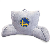 Load image into Gallery viewer, NBA Faux Fur Logo Backrest with Golden State Warriors emblem on plush gray fabric, ideal for fan comfort and back support.
