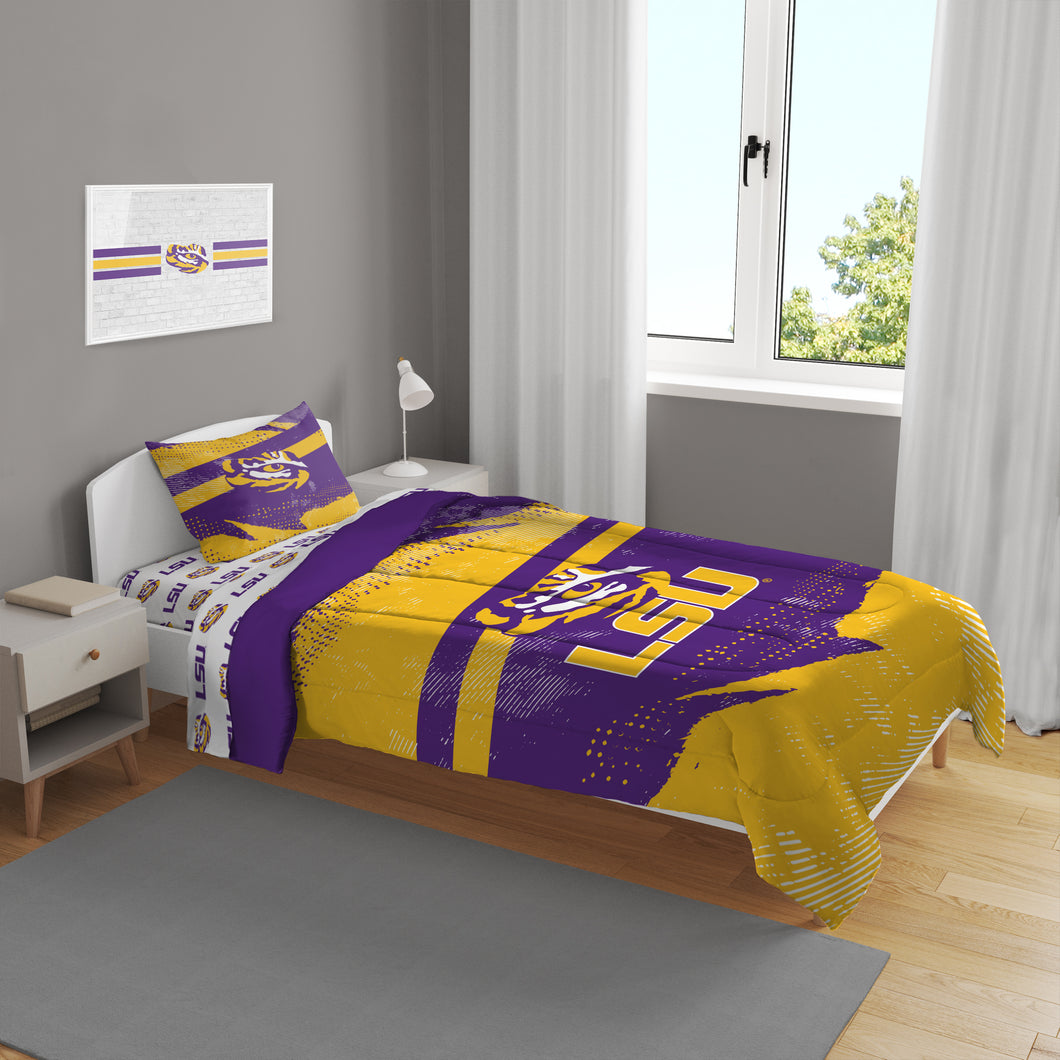 LSU Tigers Slanted Stripe 4 Piece Twin Bed in a Bag