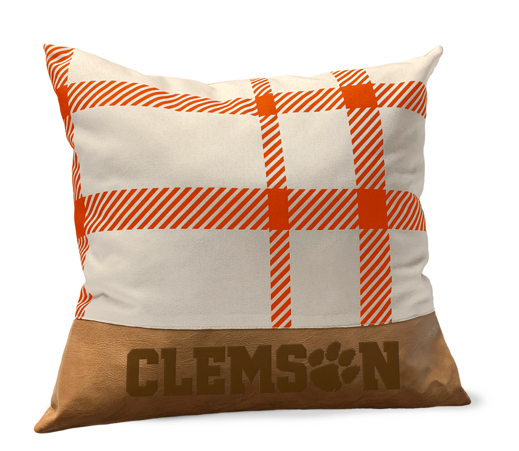 Clemson Tigers Plaid Faux Leather Décor Pillow