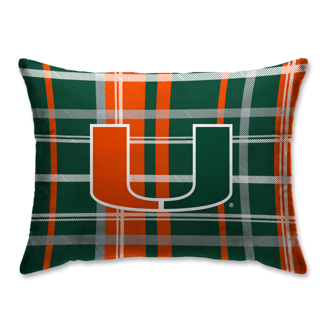 Miami Hurricanes Plaid Bed Pillow with Sherpa Back