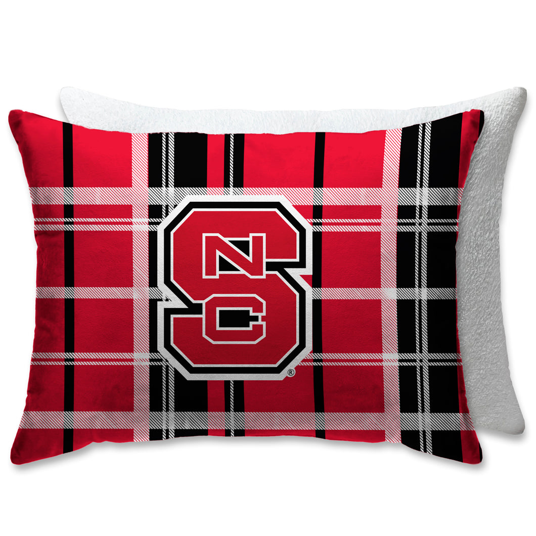 NC State Wolfpack Plaid Bed Pillow with Sherpa Back