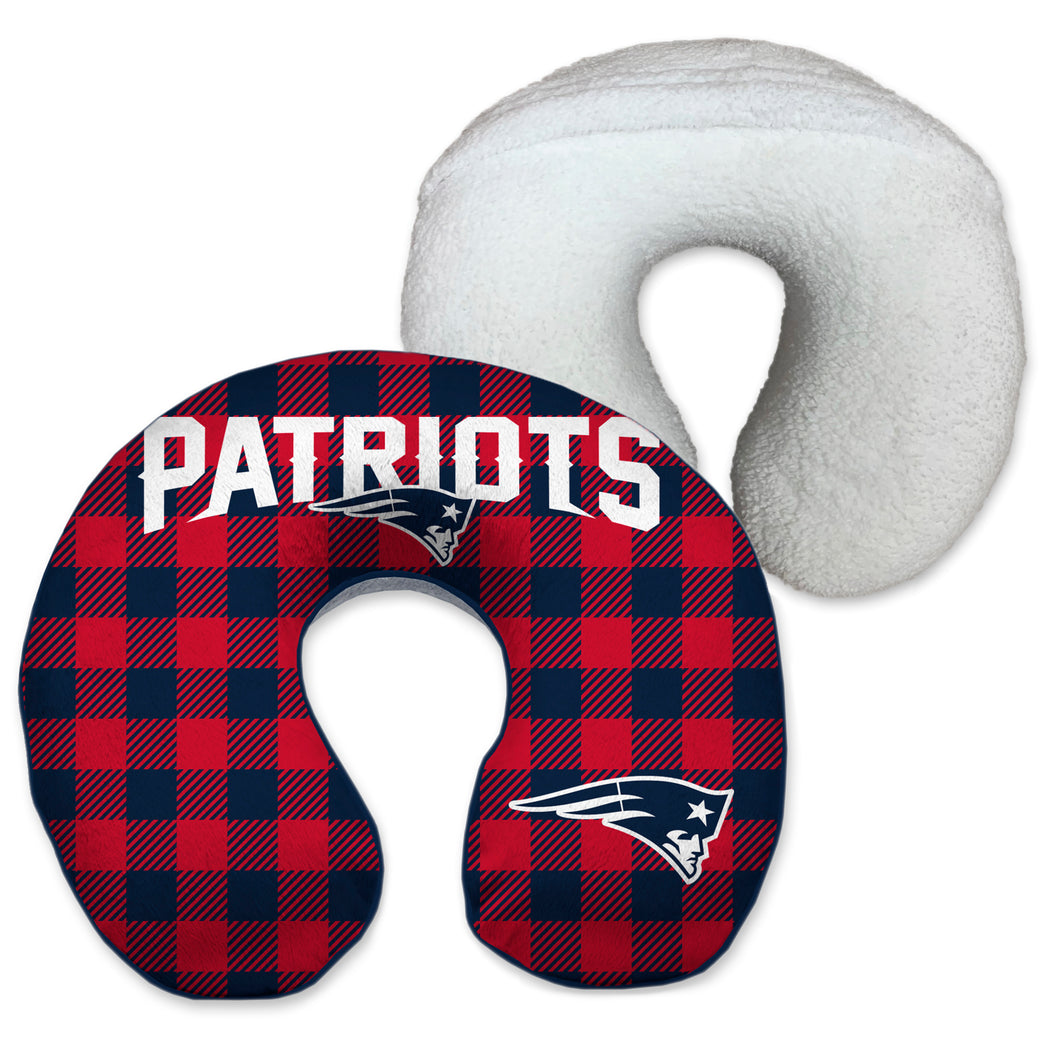 New England Patriots Buffalo Check Memory Foam Travel Pillow with Sherpa Back
