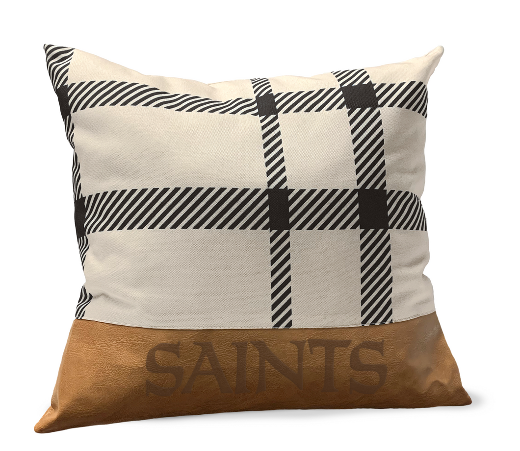 New Orleans Saints Plaid Faux Leather Décor Pillow