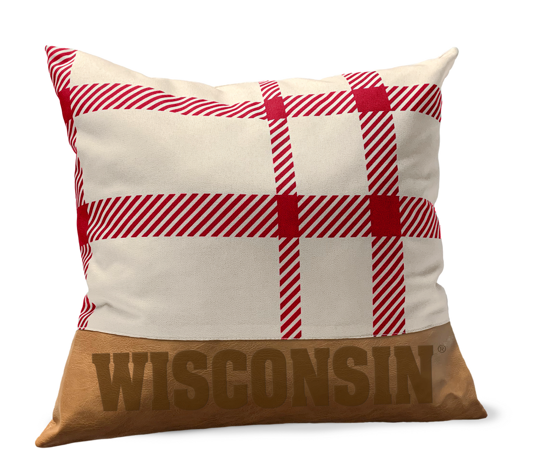 Wisconsin Badgers Plaid Faux Leather Décor Pillow